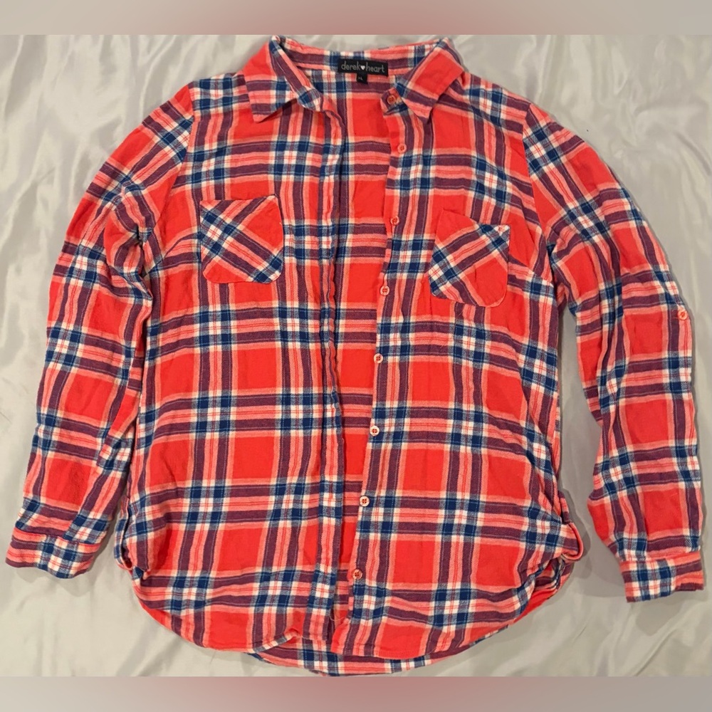 Derek Heart Coral and Navy Plaid Button-Down Shirt